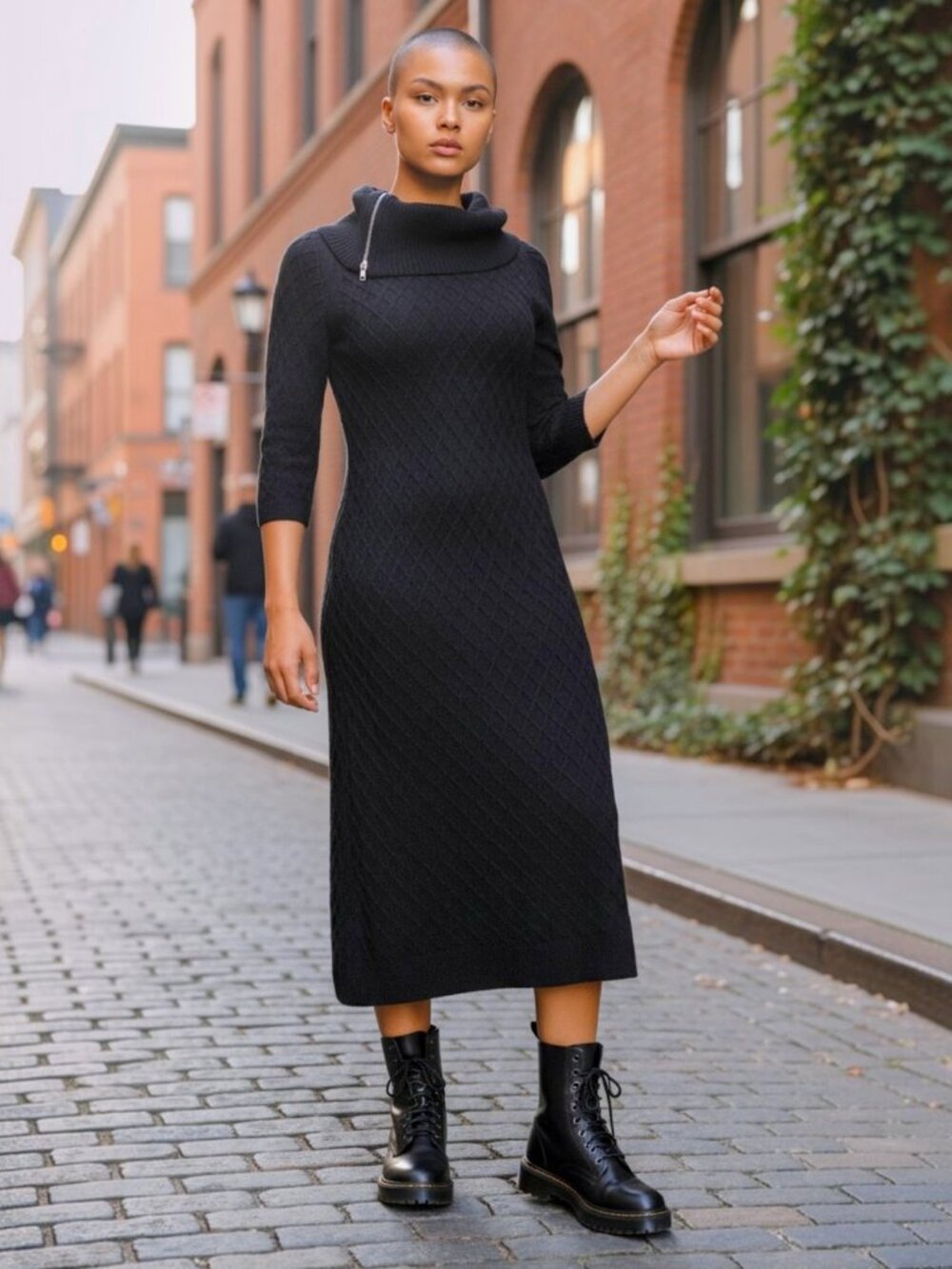 Appraisal Black Neck 3/4 Sleeve Diamond Knit Sweater Dress Size S NWT